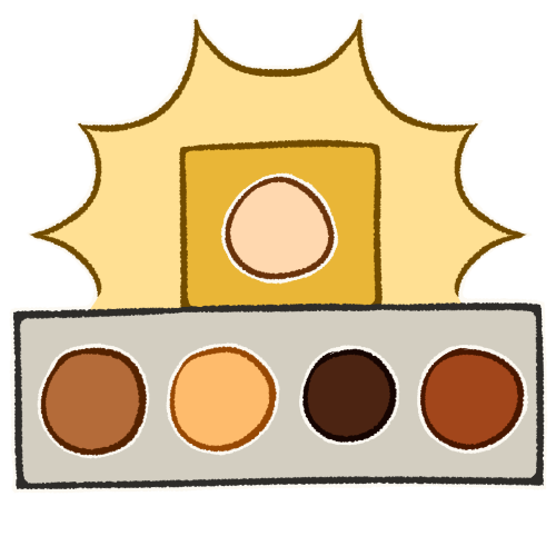 A drawing of a small gold box above a long silver rectangle. The box contains a pale circle and the rectangle contains four circles in various shades of brown. Around the box is a pale yellow emphasis effect. Everything is outlined in white